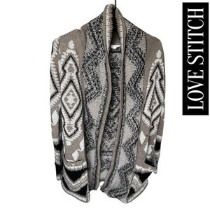 Love Stitch Cozy Boho Cardigan Open Front, Aztec Design Size M